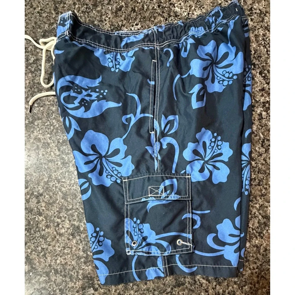 Merona Mens Blue Hibiscus Floral‎ Swim Trunks Cargo Pocket Board Shorts Large